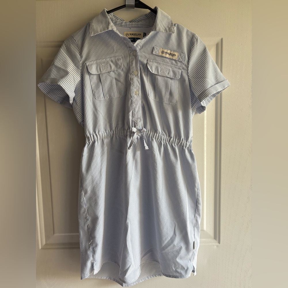 Magellan Outdoors Classic Fit Blue and White Stripped Dress